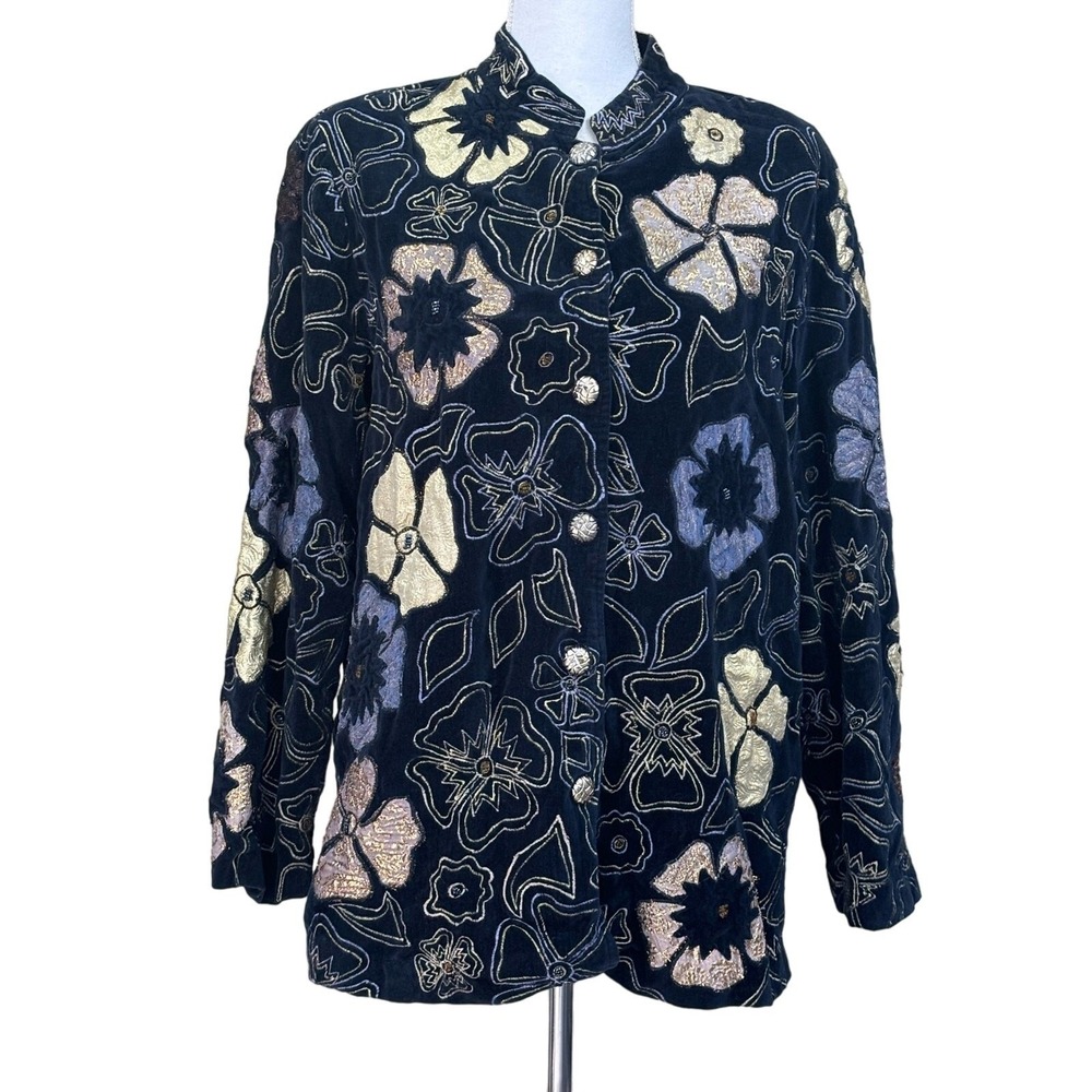 Sandy Starkman Velvet Beaded Embroidered Jacket Floral Art to Wear Boho Medium